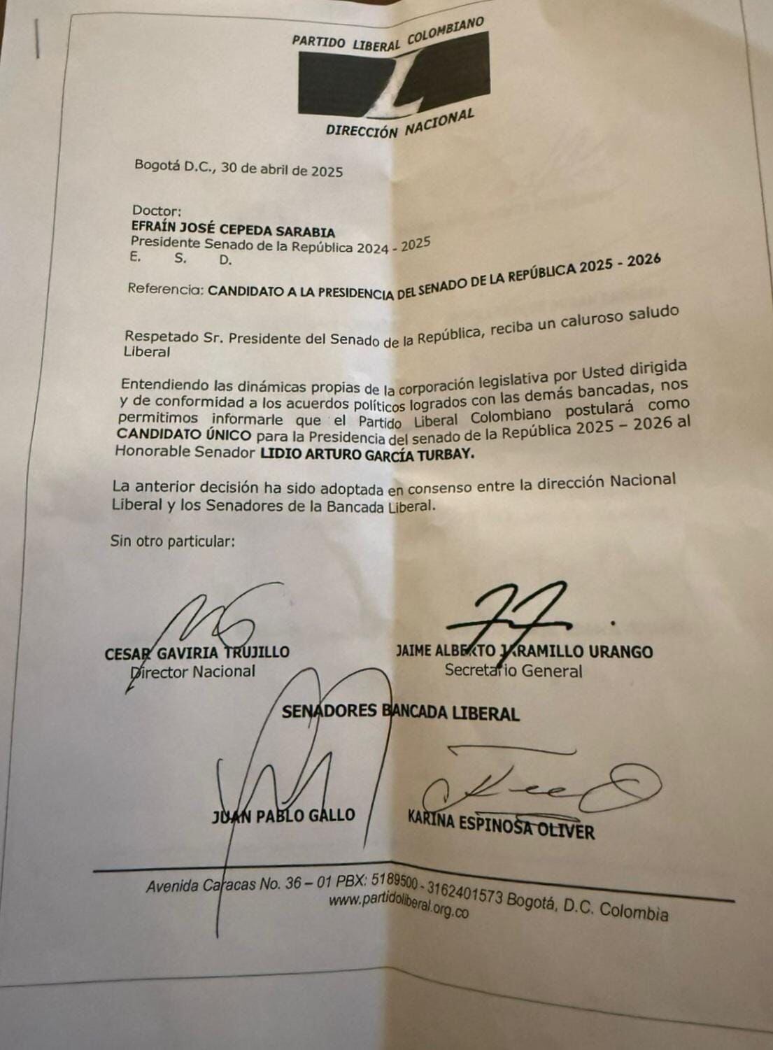 El respaldo oficial a Lidio García fue comunicado a través de una carta de la bancada liberal dirigida a la Dirección del Congreso - crédito redes sociales