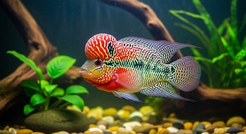 Pez cíclido flowerhorn con cabeza protuberante y patrones rojos, negros y amarillos. Acuario con rocas, plantas verdes y madera.