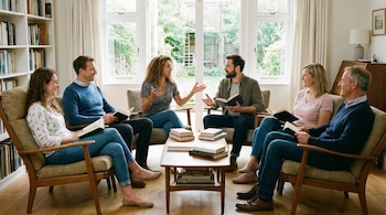 Seis personas (3 hombres, 3 mujeres) sentadas en un círculo en sillas individuales, sosteniendo libros y conversando en una sala de estar luminosa.
