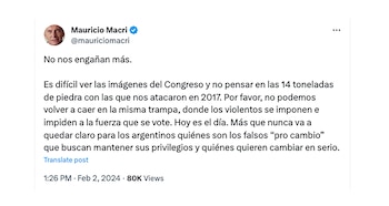 Mauricio Macri defendio en X el operativo policial en el Congreso