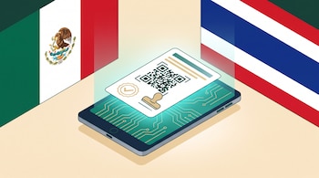 Un documento digital con código QR flota sobre un teléfono inteligente, entre la bandera de México y la bandera de Tailandia.