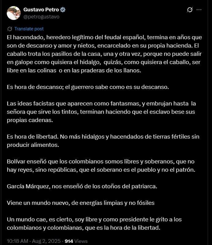 Mensaje de Gustavo Petro  por la condena a Álvaro Uribe- @petrogustavo/X