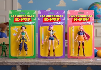 Tres figuras de acción femeninas en embalajes de blíster individuales. Diferentes colores de cabello y accesorios. Fondo de madera y pared pintada con nubes
