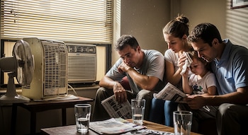Familia de cuatro, incluyendo una niña, sentados en el sofá intentando refrescarse con un aire acondicionado de ventana y dos ventiladores. La niña tiene un paño húmedo en la frente.