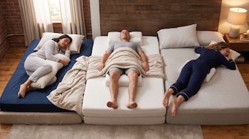 Tres personas duermen sobre tres colchones contiguos de lado, boca arriba y boca abajo con diferentes almohadas de apoyo.