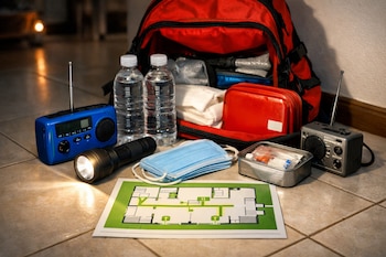 Una mochila roja de emergencia abierta, linterna encendida, dos botellas de agua, dos radios portátiles, mascarillas, botiquín y un plano de evacuación.