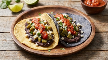 Primer plano de dos tacos de frijoles en un plato de madera sobre una mesa rústica, con rodajas de lima y cilantro al fondo. Uno tiene tortilla amarilla y el otro azul.