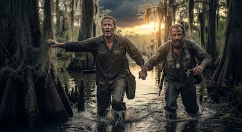 Dos hombres con ropa sucia y mochilas caminan en el agua de un pantano oscuro con árboles y musgo español, tomados de la mano. El atardecer ilumina el fondo.