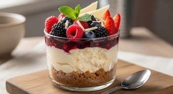 Cheesecake invertido en vaso. Capas de galleta, crema, salsa de frutos rojos. Decorado con frambuesas, moras, arándanos, fresas, menta, chocolate blanco. Cuchara en tabla de madera.