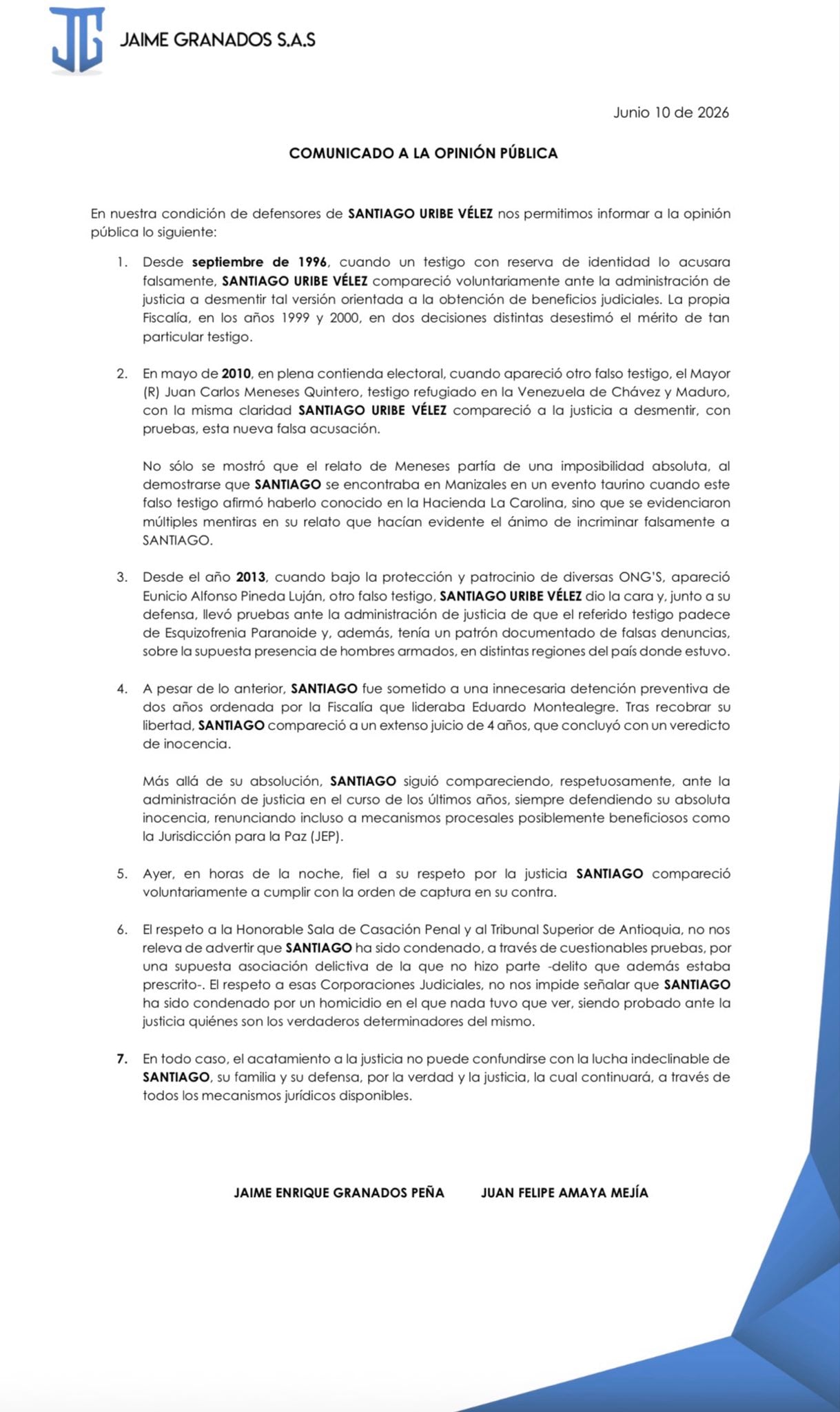 El abogado Jaime Granados Peña defendió la inocencia de Santiago Uribe - crédito @JGranadosPena/X