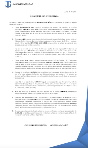 El abogado Jaime Granados Peña defendió la inocencia de Santiago Uribe - crédito @JGranadosPena/X