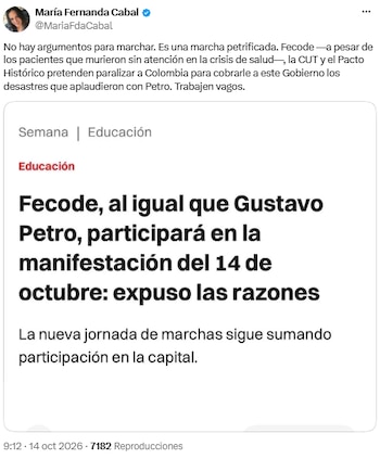María Fernanda Cabal arremetió contra Fecode y calificó la movilización como una “marcha petrificada” - crédito @MariaFdaCabal/X