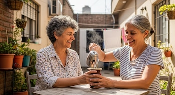 Dos mujeres sonrientes de cabello gris sentadas en un patio. Una vierte agua caliente de una pava de metal en un mate sostenido por la otra.