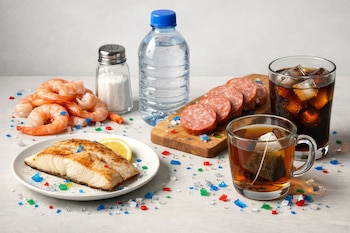 Filete de pescado, camarones, salero con sal, botella de agua, embutido en rodajas, taza con té, vaso con bebida azucarada y fragmentos plásticos de colores.