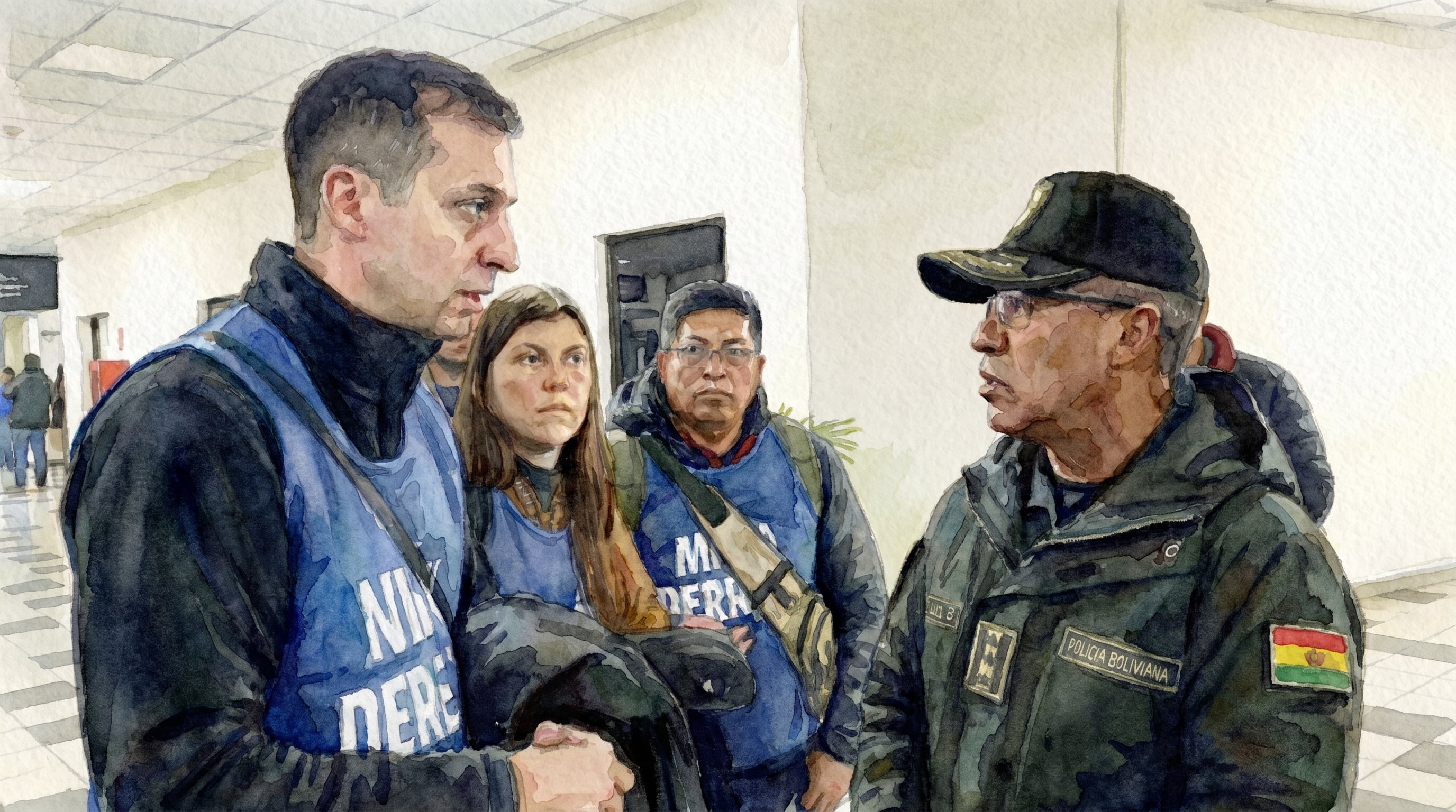 En una recreación en acuarela, un oficial de la Policía Boliviana dialoga con el diputado Juan Marino. (Imagen Ilustrativa Infobae)