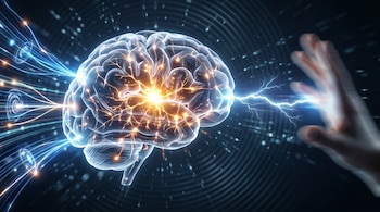 Representación visual de un cerebro humano transparente con impulsos eléctricos brillantes, líneas de luz azul y un rayo conectándose a una mano borrosa.
