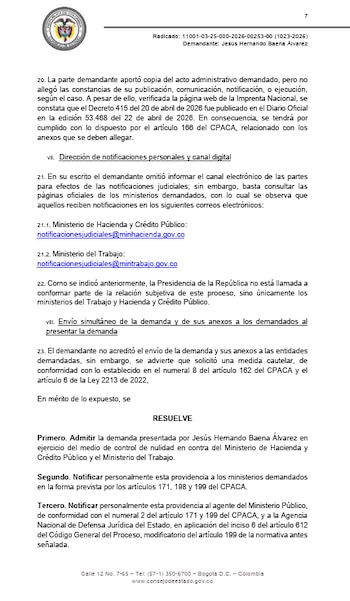 O Conselho de Estado concordou em analisar a ação movida pelo decreto que ordena a transferência de recursos privados de 25 bilhões de dólares para Colpensiones – Conselho de Crédito.