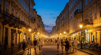 Calle de ciudad europea por la noche con edificios a ambos lados, farolas encendidas, restaurantes con terrazas y numerosos peatones caminando.
