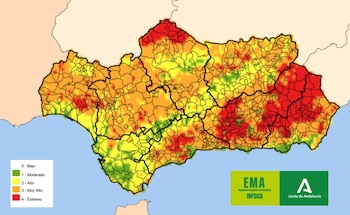 Mapa del riesgo de incendios forestales en Andalucía. (EMA Plan INFOCA/X)