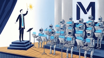 Un director en traje guía a una orquesta de robots sentados frente a pantallas brillantes, programando en teclados, con una gran 'M' en el fondo.