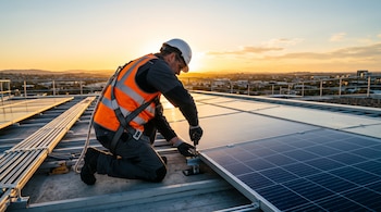 Un operario con casco blanco y chaleco naranja ajusta una estructura metálica junto a paneles solares en una azotea.