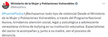 El Ministerio de la Mujer y Poblaciones Vulnerables rechaza la violencia y ofrece apoyo integral a la joven afectada, destacando la importancia de abordar la violencia escolar de manera urgente y efectiva. (captura)