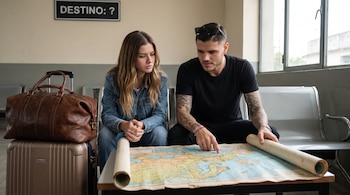 Mauro Icardi y María Eugenia Suárez miran un mapa sobre una mesa junto a equipaje en una sala con el cartel Destino.
