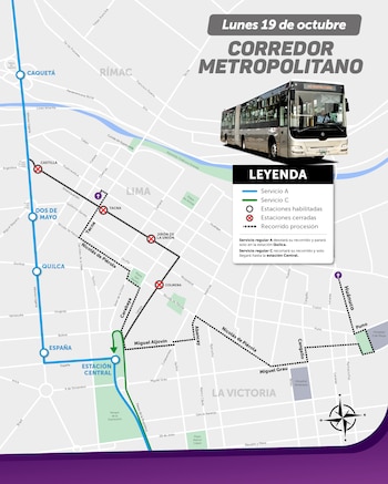Captura de ATU con desvíos por Señor de los Milagros del 19 de octubre en el Metropolitano
