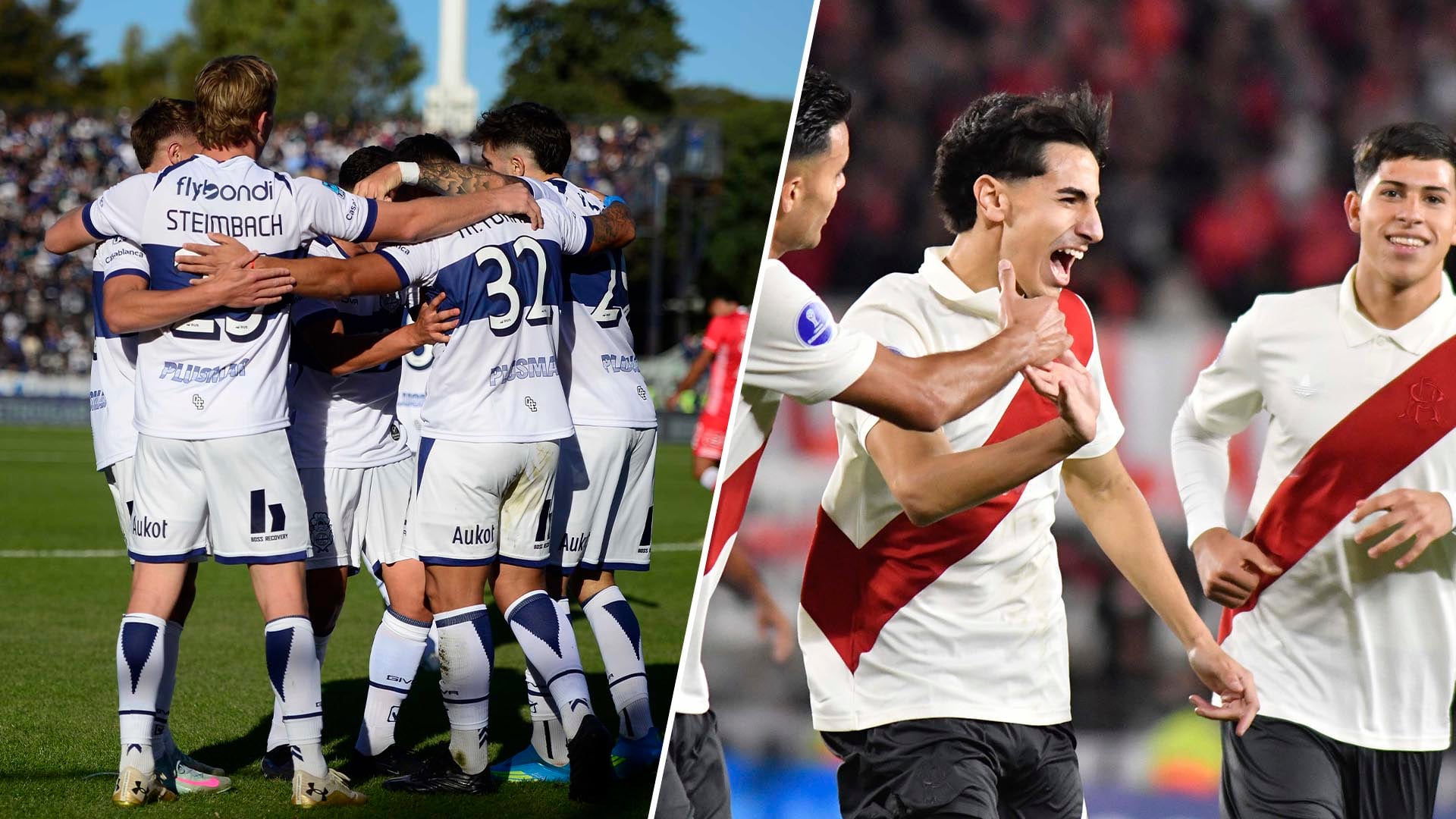 Jugadores de Gimnasia y Esgrima La Plata se abrazan en grupo mientras jugadores de River Plate celebran un gol en dos momentos diferentes.