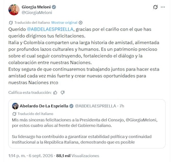 Giorgia Meloni agradeció a Abelardo de la Espriella por los buenos deseos que le dio ante su trabajo al frente del Gobierno de Italia - crédito @GiorgiaMeloni/X