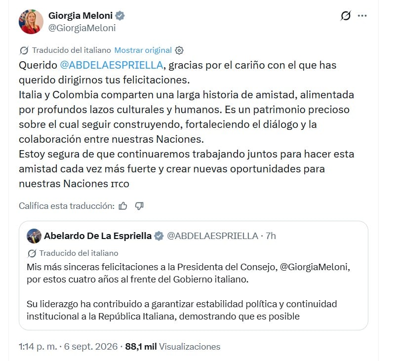 Giorgia Meloni agradeció a Abelardo de la Espriella por los buenos deseos que le dio ante su trabajo al frente del Gobierno de Italia - crédito @GiorgiaMeloni/X