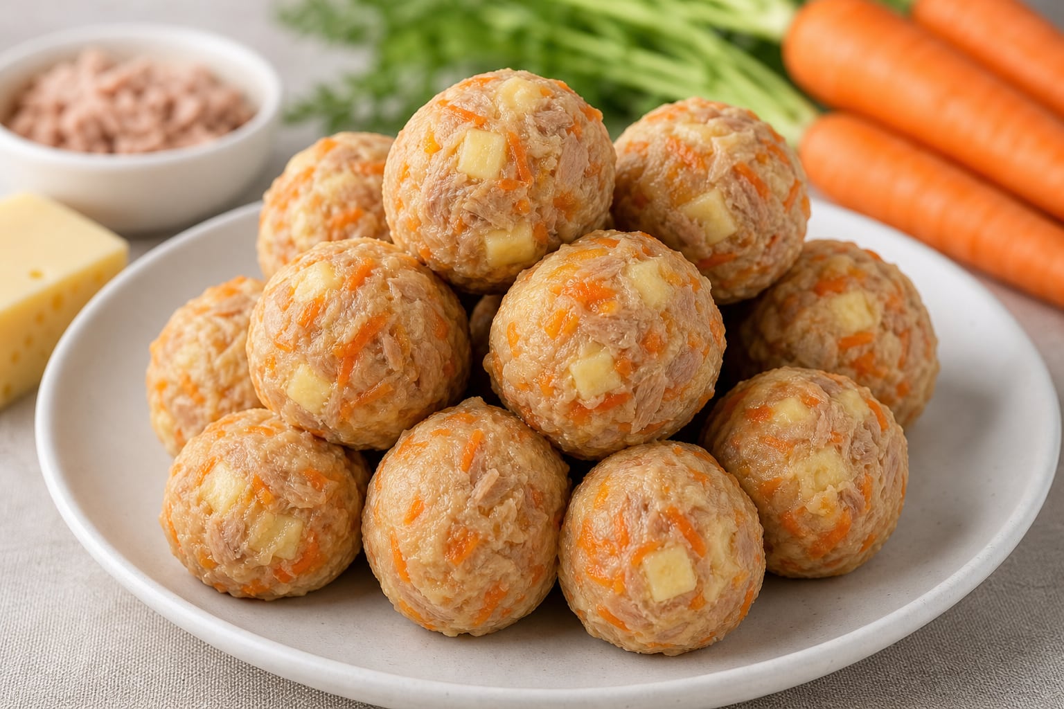 Un conjunto de bolitas preparadas con atún, queso y zanahoria se presenta en un plato blanco junto a los ingredientes de la receta. (Imagen Ilustrativa Infobae)