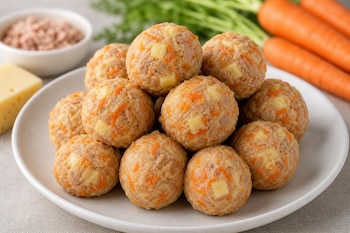Bolitas de atún, queso y zanahoria en un plato blanco, junto a un cuenco con atún, un trozo de queso y zanahorias frescas.