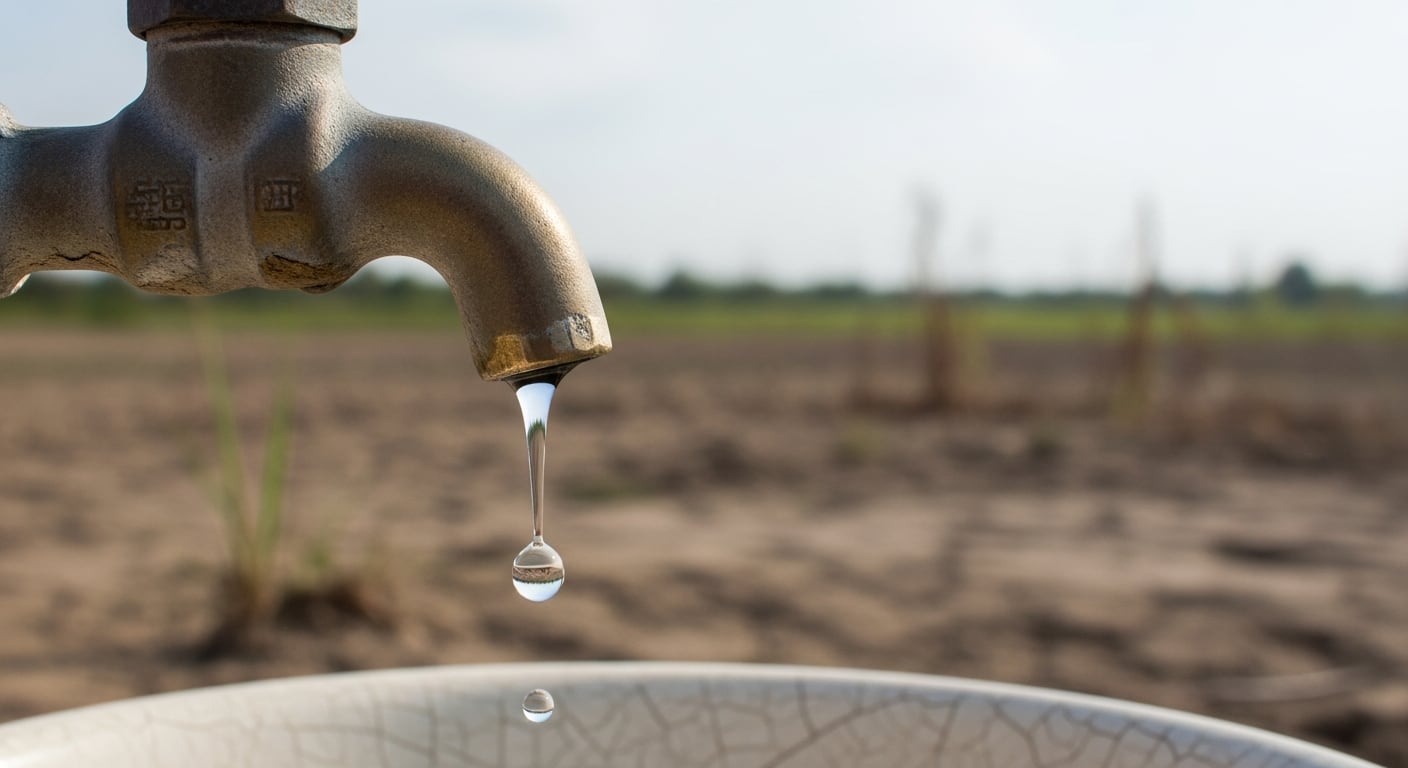 Un grifo de metal gotea lentamente en primer plano sobre un recipiente, mientras un paisaje seco y desenfocado se extiende en el fondo, simbolizando la creciente escasez de agua. (Imagen Ilustrativa Infobae)