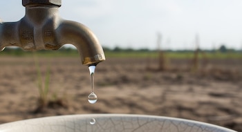 Primer plano de un grifo de metal antiguo del que cae una gota de agua. Debajo, otra gota impacta un recipiente. Fondo desenfocado de tierra seca y vegetación escasa.