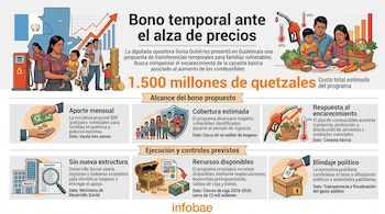 Infografía con el mapa de Guatemala, ilustraciones de familias, alimentos, un surtidor de combustible y cajas de texto explicativas.