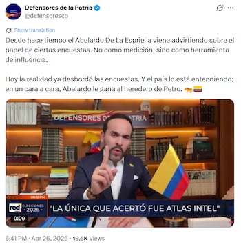 En la cuenta de X Defensores de la Patria se publicó un video donde Abelardo de la Espriella aseguro que: "la única que aceró fue Atlas Intel" - crédito @defensoresco / X