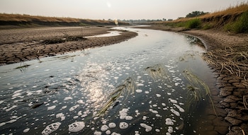 Río serpenteante con orillas de tierra agrietada por la sequía. El agua tiene burbujas y reflejos del sol, con vegetación sumergida y seca en los bordes.