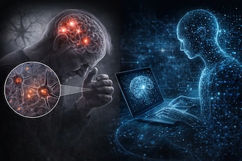En el lado izquierdo, un hombre mayor con un cerebro iluminado y un círculo magnificado de neuronas. A la derecha, una figura humana digital azul usando una laptop.