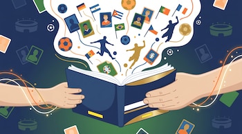 Ilustración plana de dos manos, una de niño y otra de adulto, sosteniendo un álbum Panini. Del libro salen balones, banderas, cromos y siluetas de jugadores.
