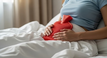 Persona recostada en una cama con sábanas blancas sostiene una bolsa de agua caliente roja en la parte baja de su abdomen.