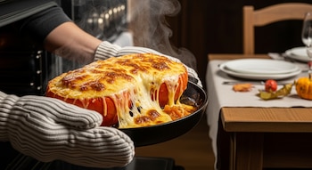 Manos con guantes de horno sacan una calabaza anaranjada con queso gratinado y vapor de un horno hacia una mesa con platos.