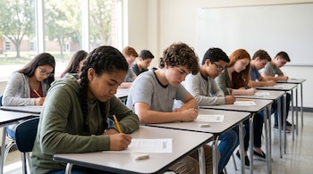 Estudiantes sentados en pupitres escribiendo con lápices en hojas de examen dentro de un salón de clases.
