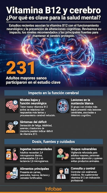 Infografía con cerebro azul y conexiones neuronales. Detalla el impacto de la vitamina B12 en función cerebral, dosis, alimentos y grupos vulnerables.