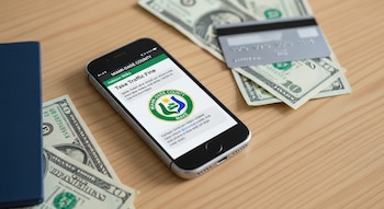 Un teléfono móvil en una mesa de madera clara muestra un mensaje con un logo de Miami-Dade y advertencia de multa, junto a billetes y una tarjeta bancaria.