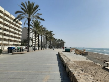 Un amplio paseo marítimo pavimentado con una hilera de palmeras a la izquierda. Detrás hay edificios de apartamentos. A la derecha, una playa de arena y el mar