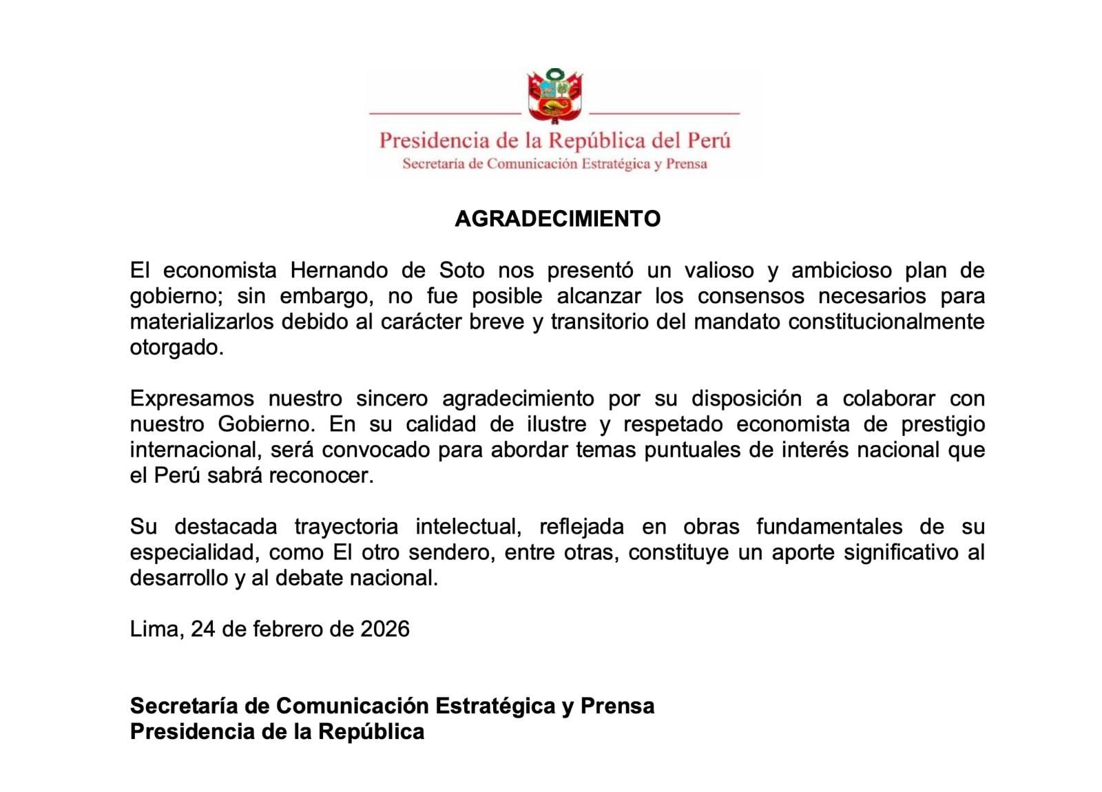 La Presidencia de la República del Perú agradece a Hernando de Soto por su propuesta, explicando que no fue posible su designación debido al carácter transitorio del mandato constitucional. (X / Presidencia)