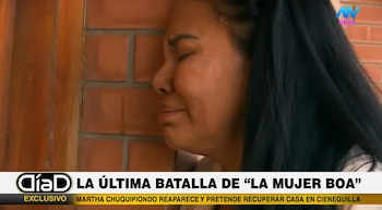 Una mujer con cabello oscuro y ojos cerrados apoya su rostro en una pared de ladrillos. La imagen contiene textos de un noticiero de televisión