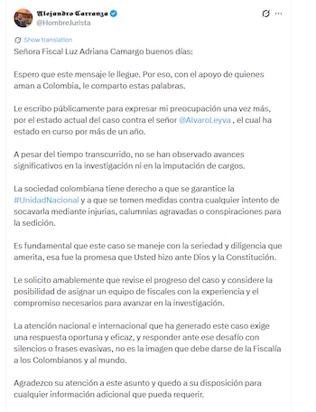 En su comunicación, el abogado pidió revisar el estado del proceso y considerar la designación de fiscales “con experiencia y compromiso” para agilizar la investigación - crédito @HombreJurista/X