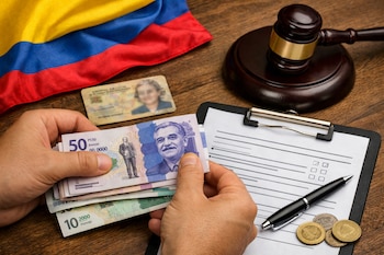 Manos sosteniendo billetes colombianos de 50.000 y 10.000 pesos sobre una mesa de madera, con una bandera de Colombia, una identificación, un mazo judicial y un formulario.